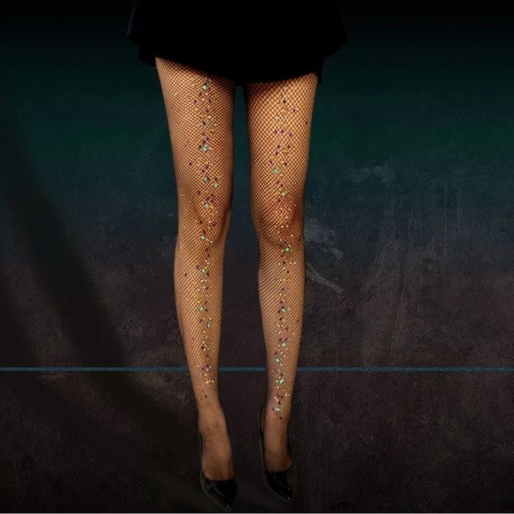 𝅺FISHNET STOCKINGS W/COLORFUL RHINESTONES STARS BEADS FLORAL EMBELLISHMENTS - Picture 3 of 5